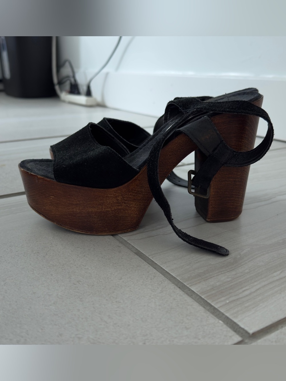 Steve Madden Black Suede Platform Sandals with Wood Block Heel